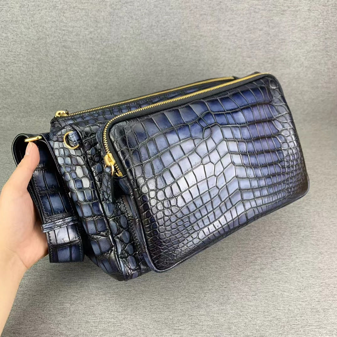 Nile Alligator Belly Hand Brushing Business Leisure Soft Shoulder Bag