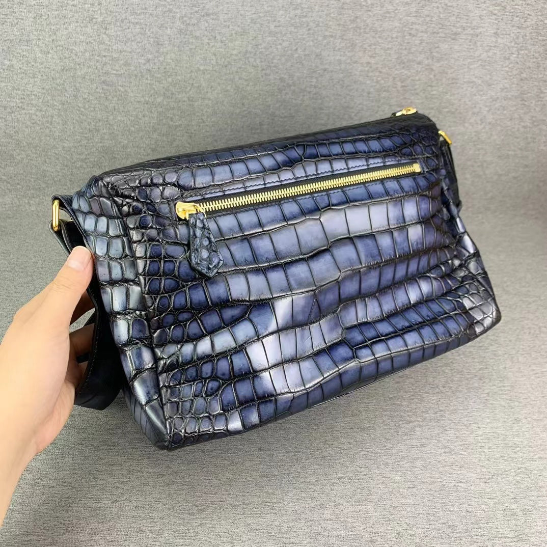 Nile Alligator Belly Hand Brushing Business Leisure Soft Shoulder Bag