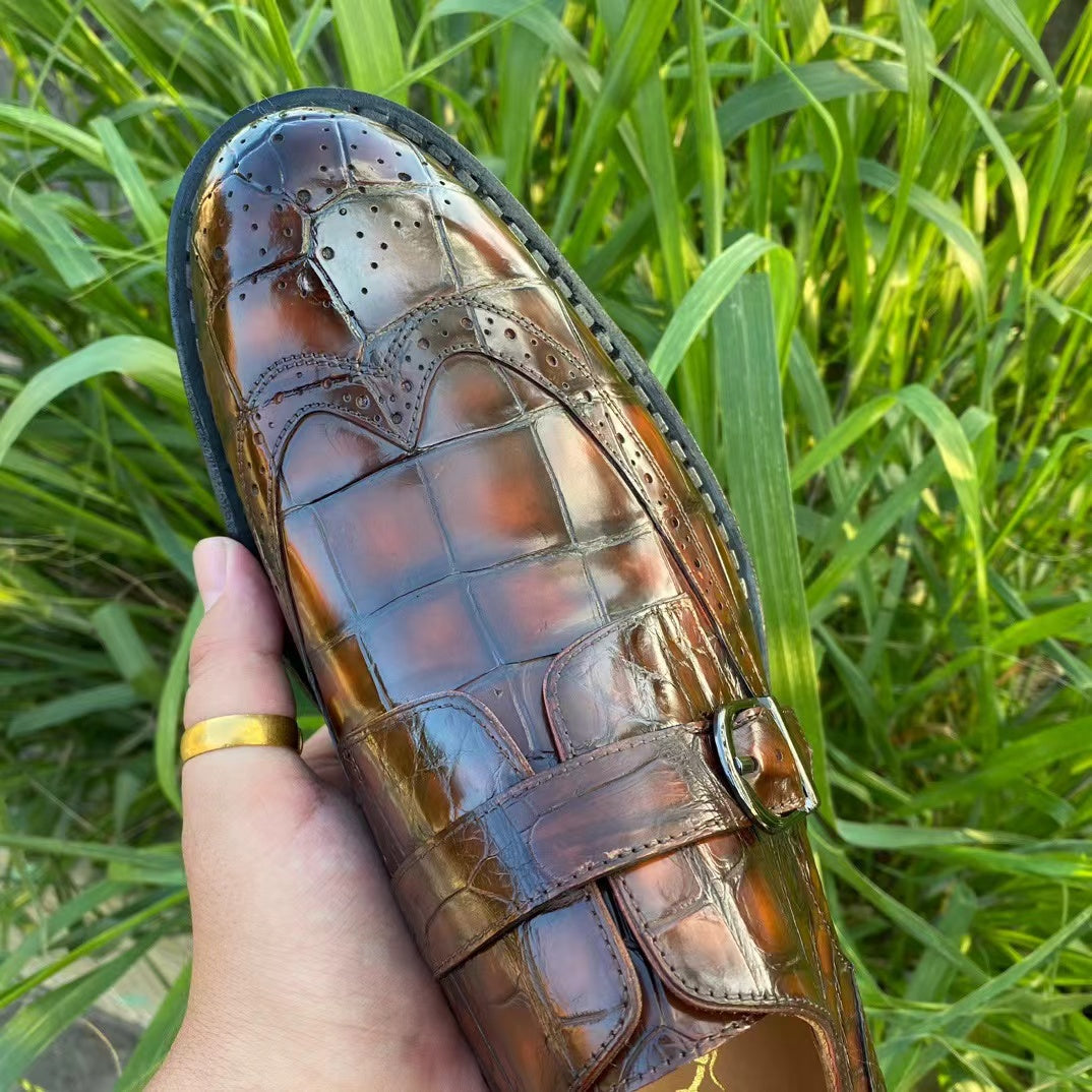 Alligator Belly Hand Brushing Single Strap Dress Shoes