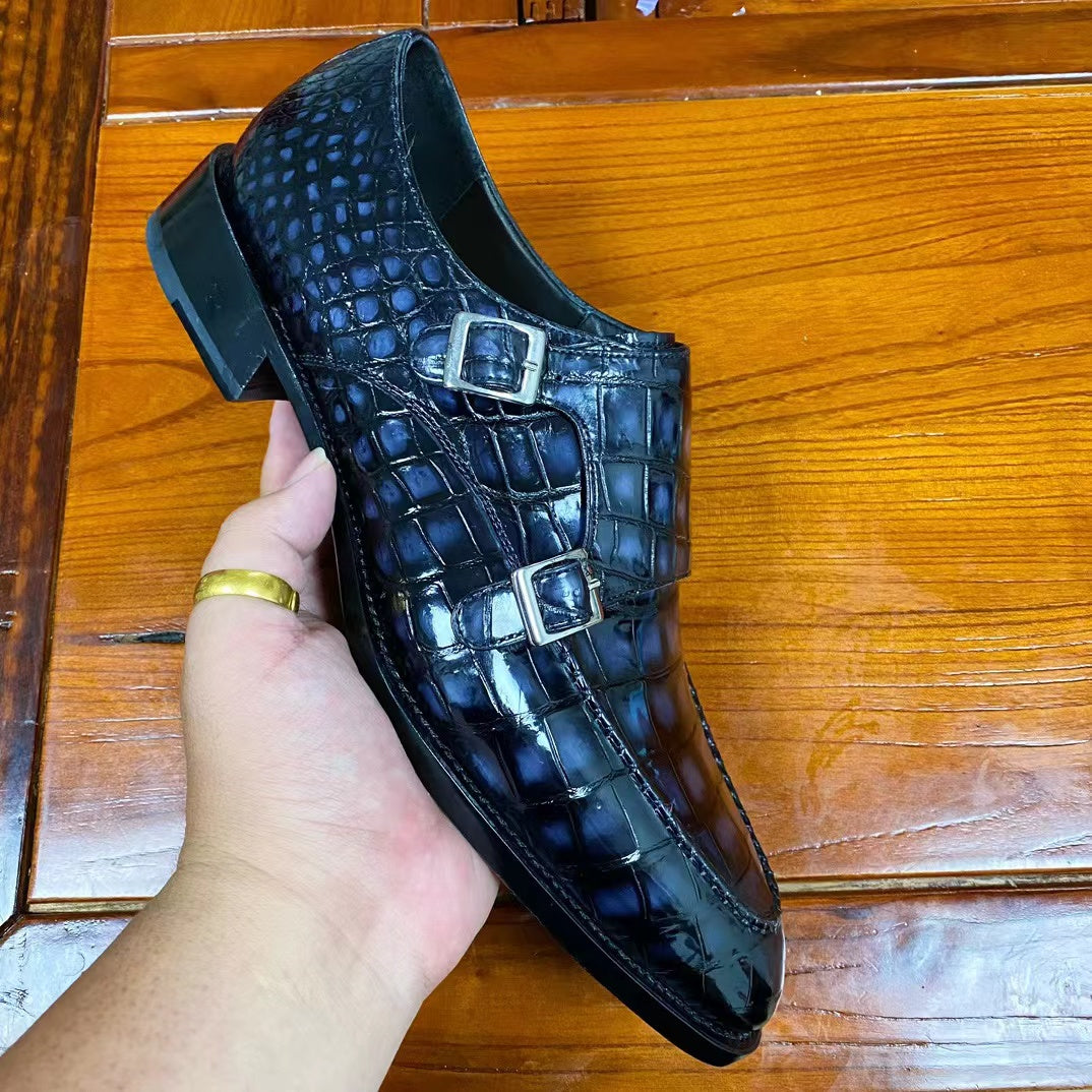 Alligator Belly Hand Brushing Double Straps Monk Dress Shoes