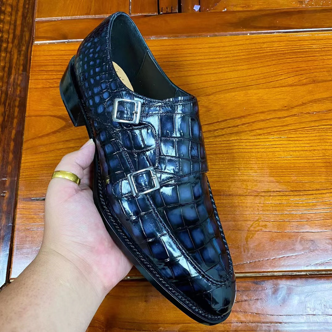 Alligator Belly Hand Brushing Double Straps Monk Dress Shoes