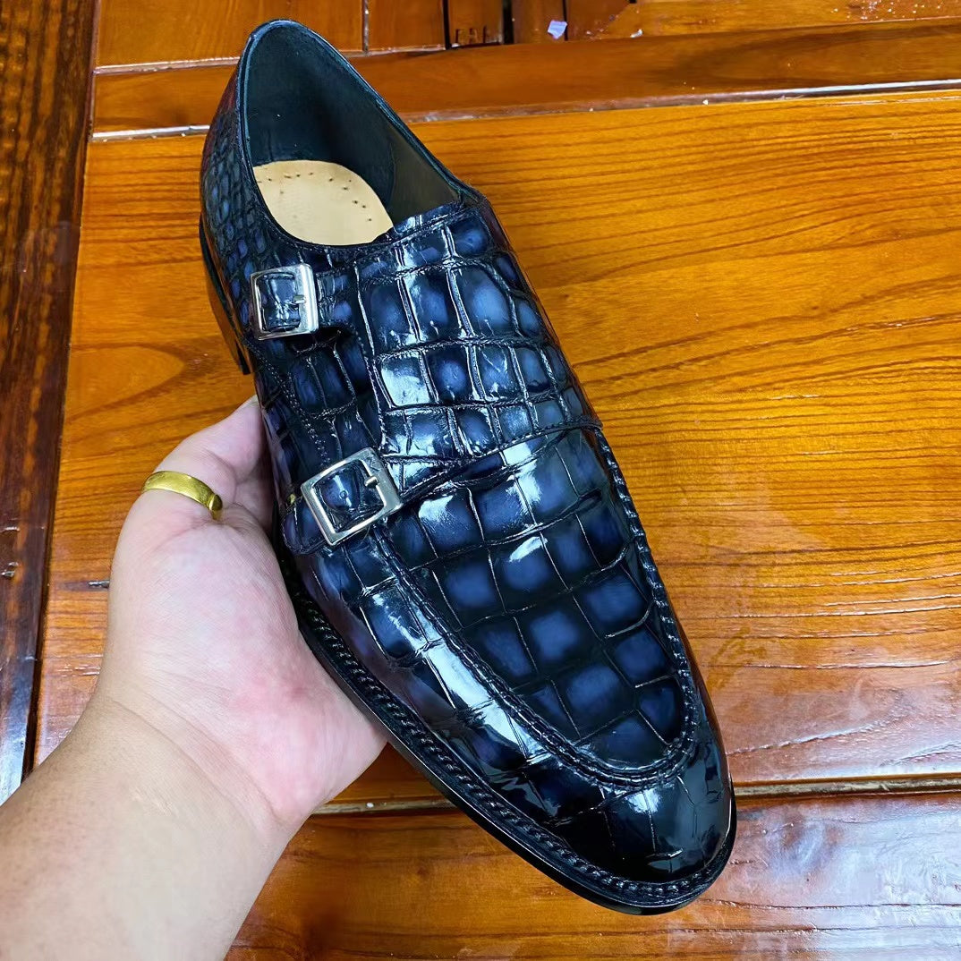 Alligator Belly Hand Brushing Double Straps Monk Dress Shoes