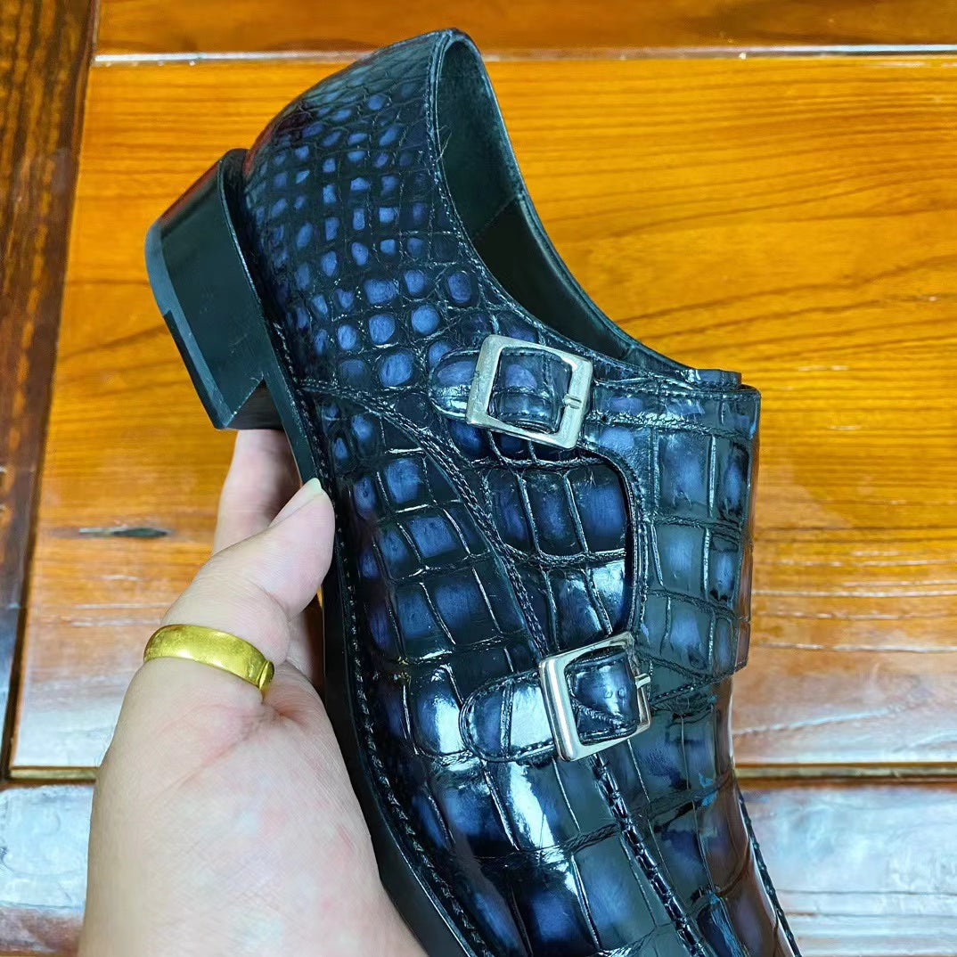 Alligator Belly Hand Brushing Double Straps Monk Dress Shoes
