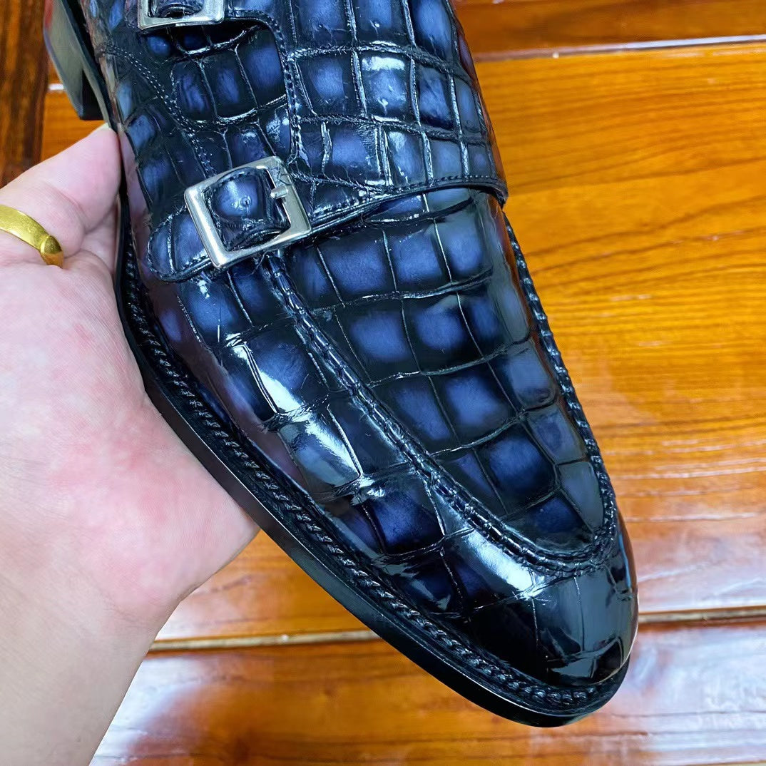 Alligator Belly Hand Brushing Double Straps Monk Dress Shoes