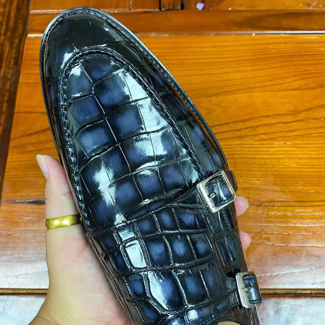 Alligator Belly Hand Brushing Double Straps Monk Dress Shoes