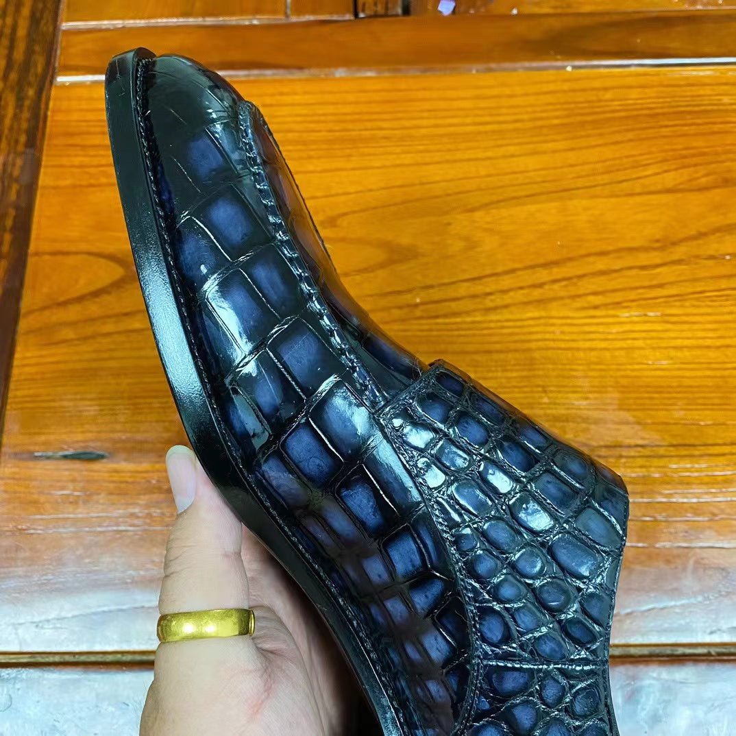 Alligator Belly Hand Brushing Double Straps Monk Dress Shoes