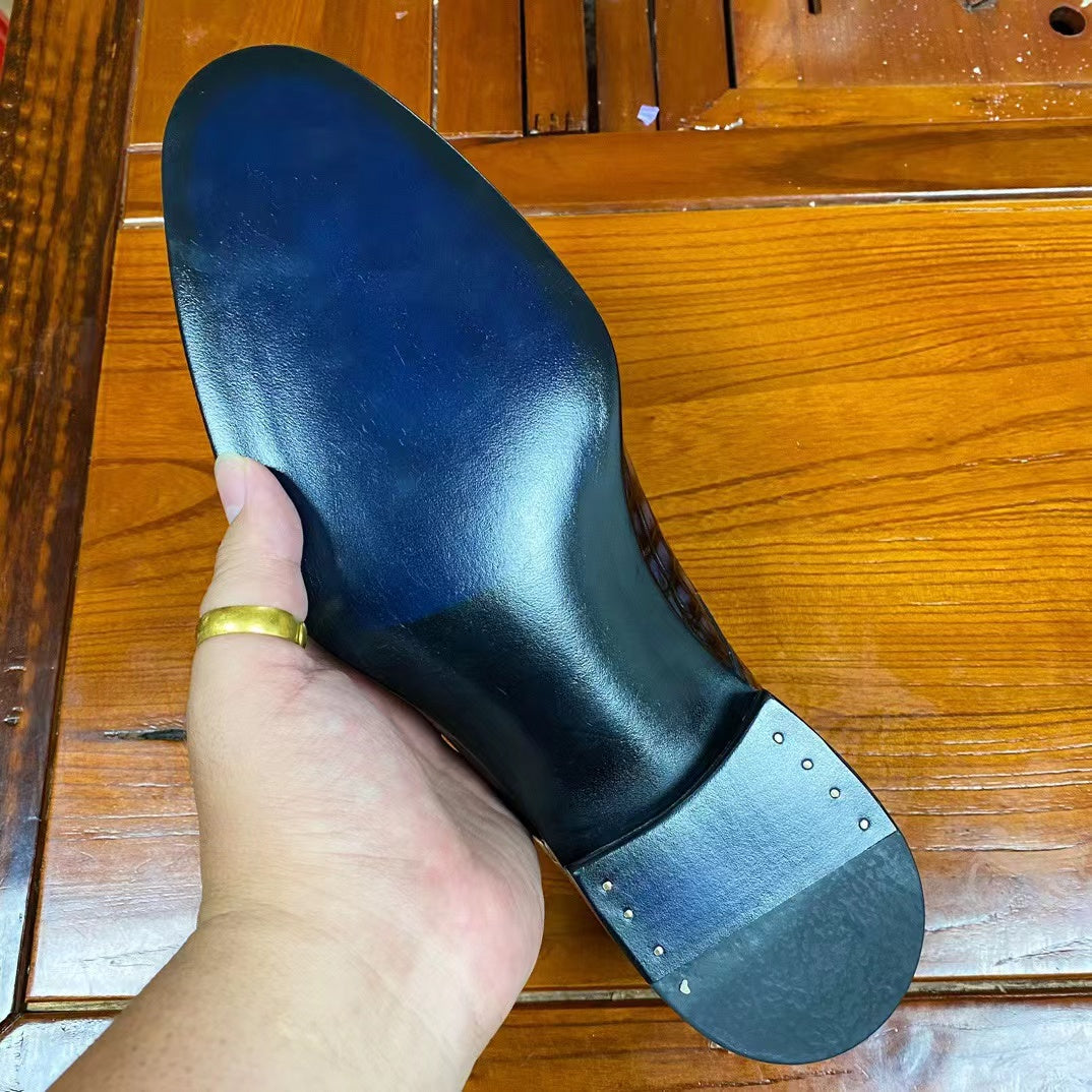 Alligator Belly Hand Brushing Double Straps Monk Dress Shoes