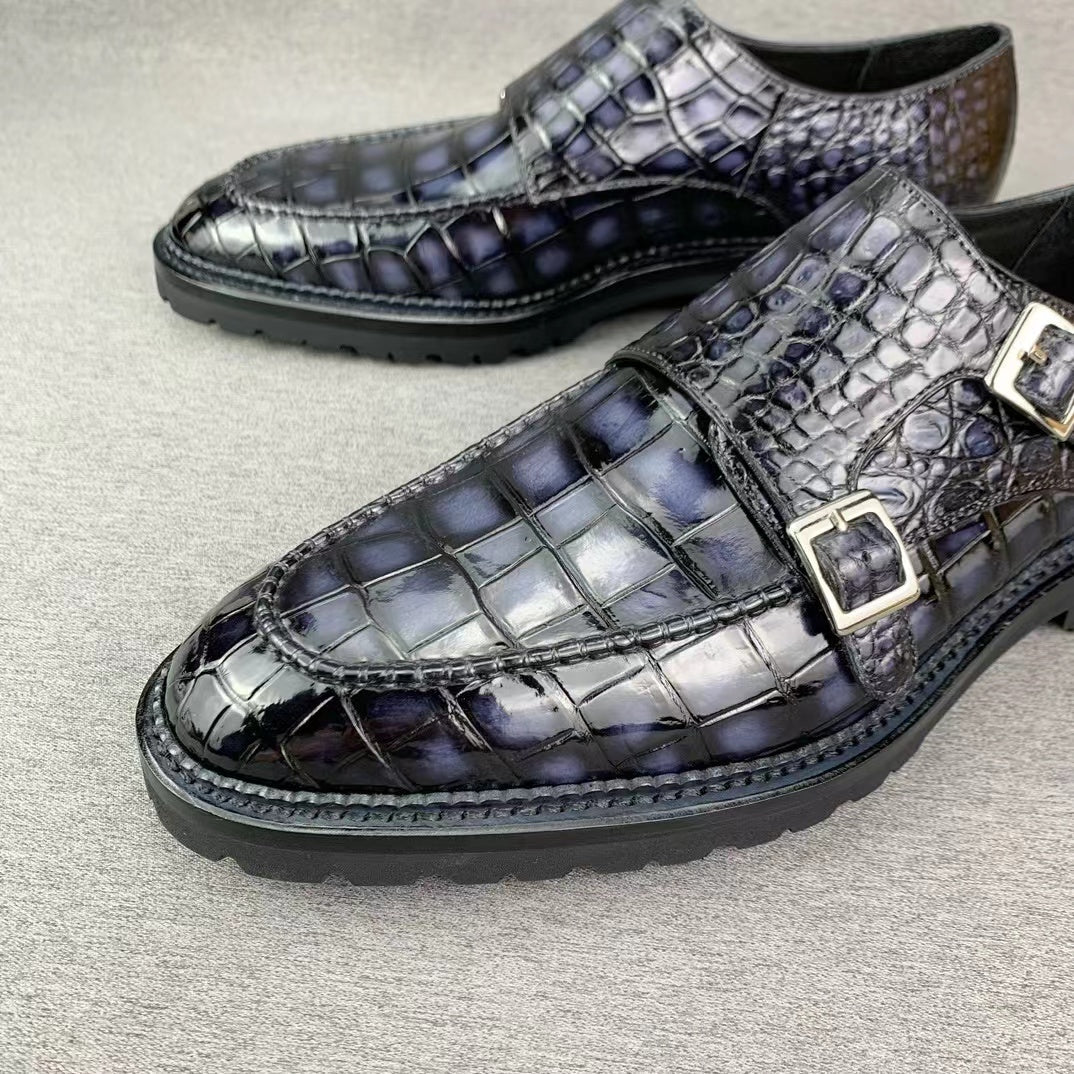 Alligator Belly Hand Brushing Double Straps Monk Dress Shoes