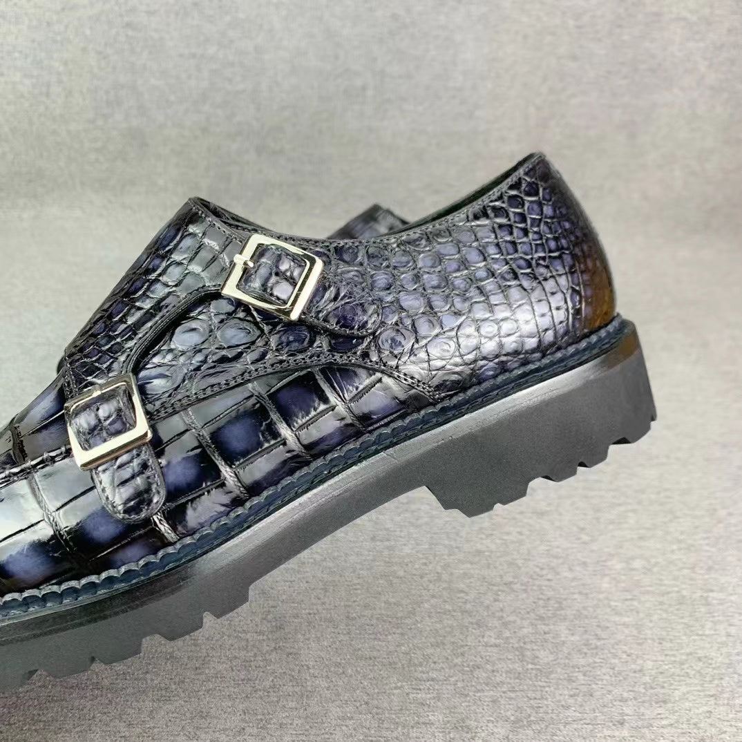 Alligator Belly Hand Brushing Double Straps Monk Dress Shoes
