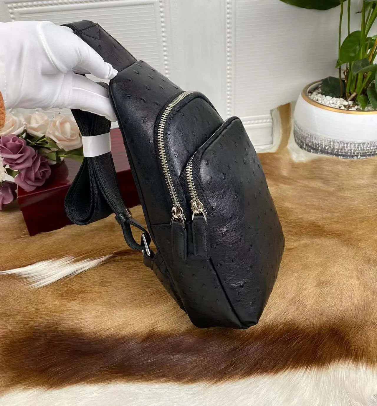OSTRICH LEATHER CHEST BAG