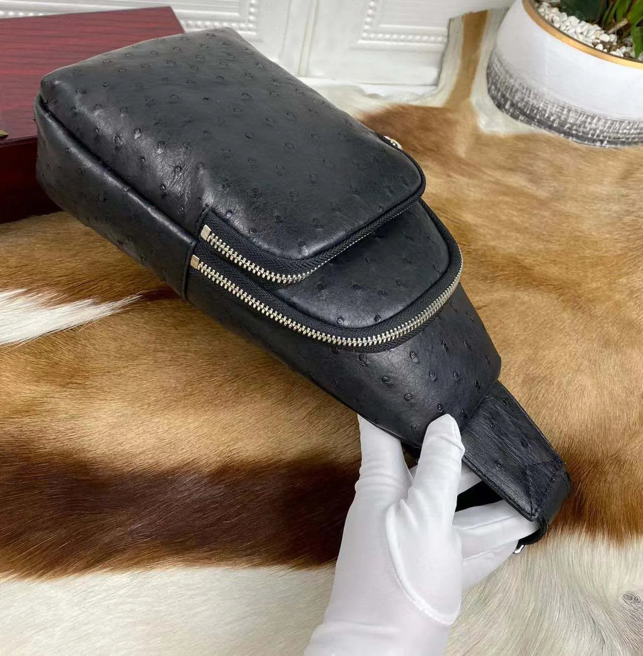 OSTRICH LEATHER CHEST BAG