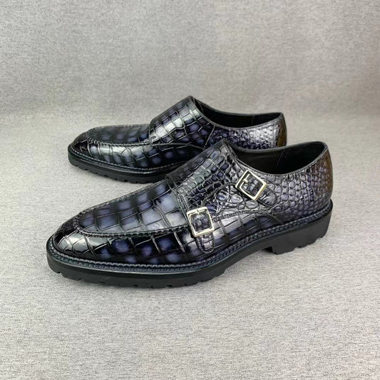 Alligator Belly Hand Brushing Double Straps Monk Dress Shoes