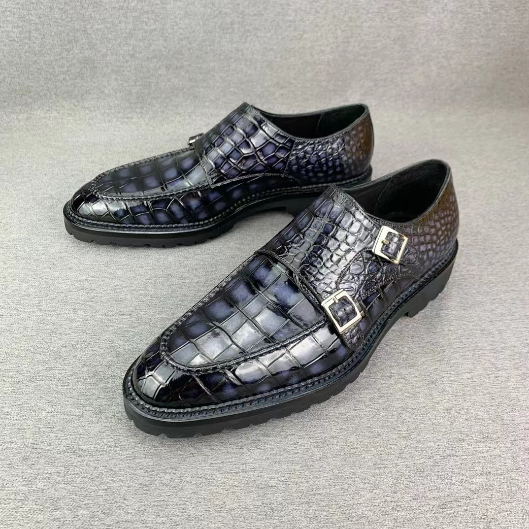Alligator Belly Hand Brushing Double Straps Monk Dress Shoes