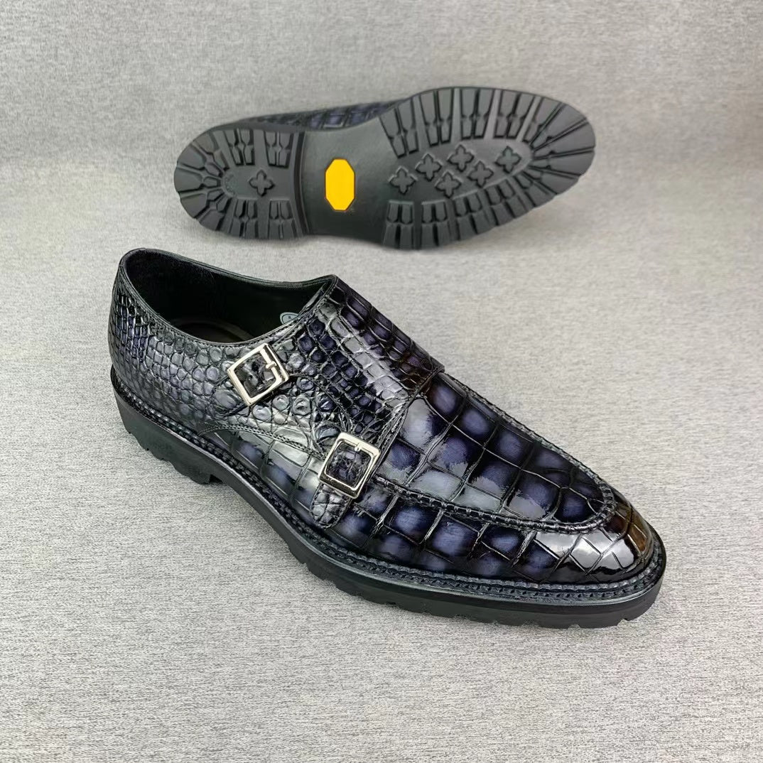 Alligator Belly Hand Brushing Double Straps Monk Dress Shoes