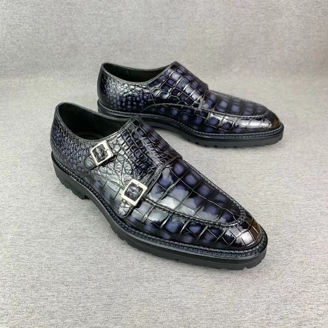 Alligator Belly Hand Brushing Double Straps Monk Dress Shoes
