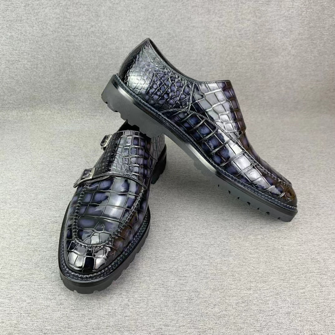 Alligator Belly Hand Brushing Double Straps Monk Dress Shoes