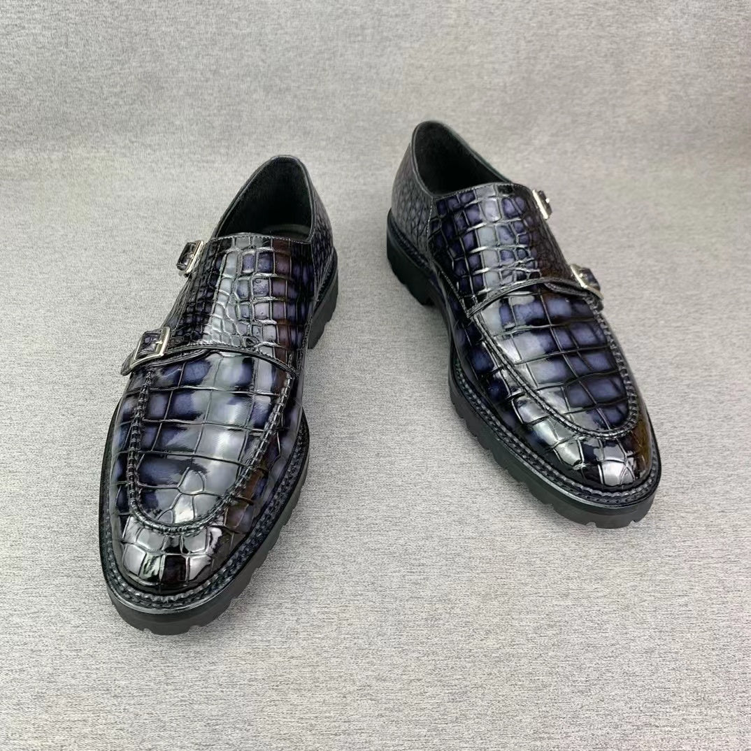 Alligator Belly Hand Brushing Double Straps Monk Dress Shoes