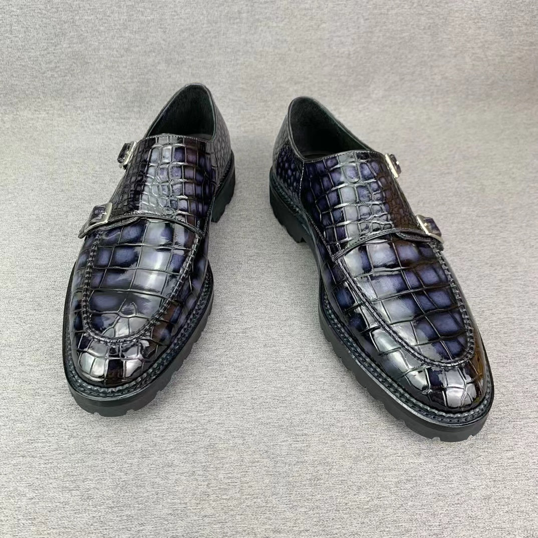 Alligator Belly Hand Brushing Double Straps Monk Dress Shoes